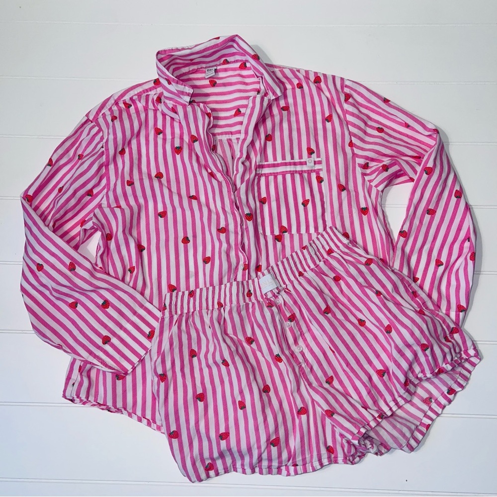 Strawberry Striped PJs Pajama Set Only Brand Women’s S Shorts Top Shirt